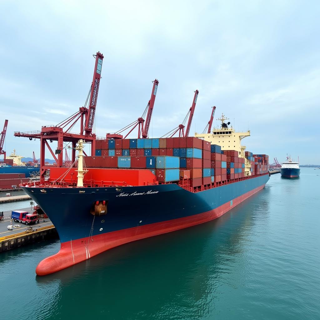 Cargo ship docked at a bustling ASEAN port, showcasing the region's vibrant trade activities.