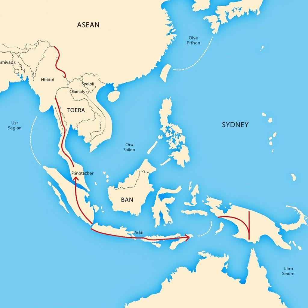 Map of ASEAN Countries and Shipping Routes to Sydney