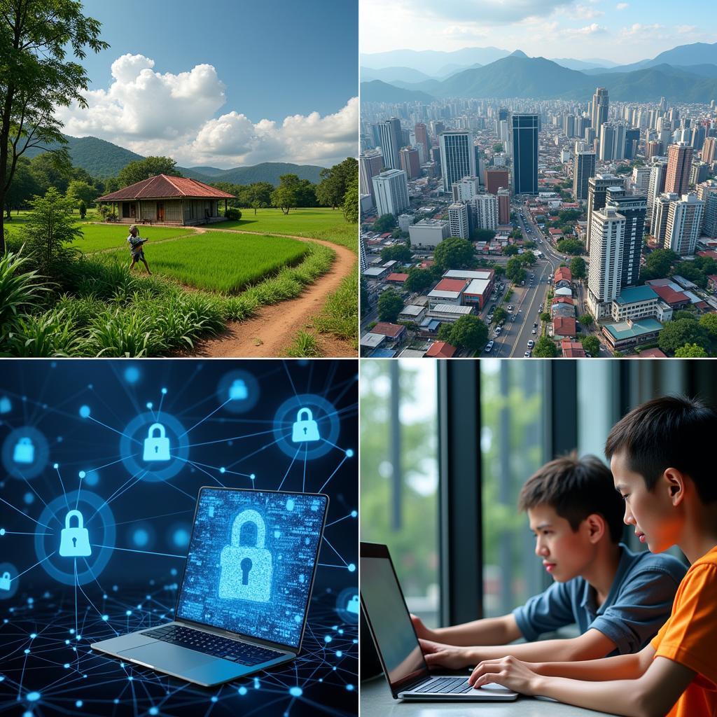 Challenges in ASEAN Digital Connectivity: Illustration depicting various challenges faced in achieving seamless digital connectivity in the ASEAN region, including infrastructure gaps, cybersecurity threats, and digital literacy disparity.