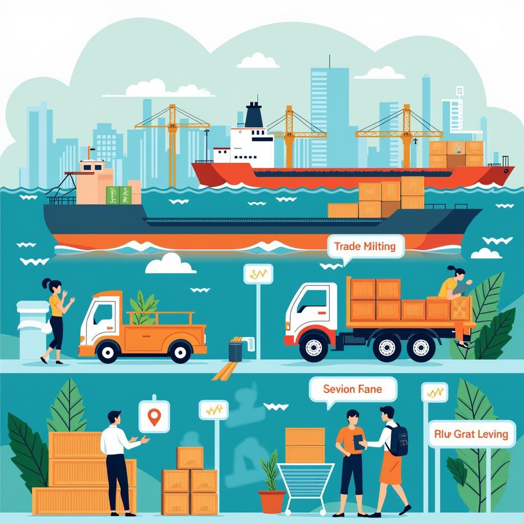 Image depicting bustling trade activities within the ASEAN Economic Community, showing goods being transported and people engaged in commerce.