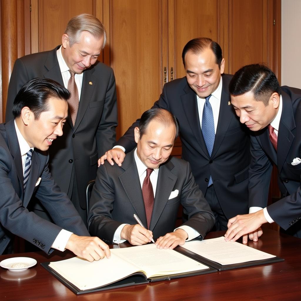 ASEAN Group Formation - A depiction of the founding members signing the Bangkok Declaration in 1967, symbolizing the birth of ASEAN and their shared vision for regional cooperation.