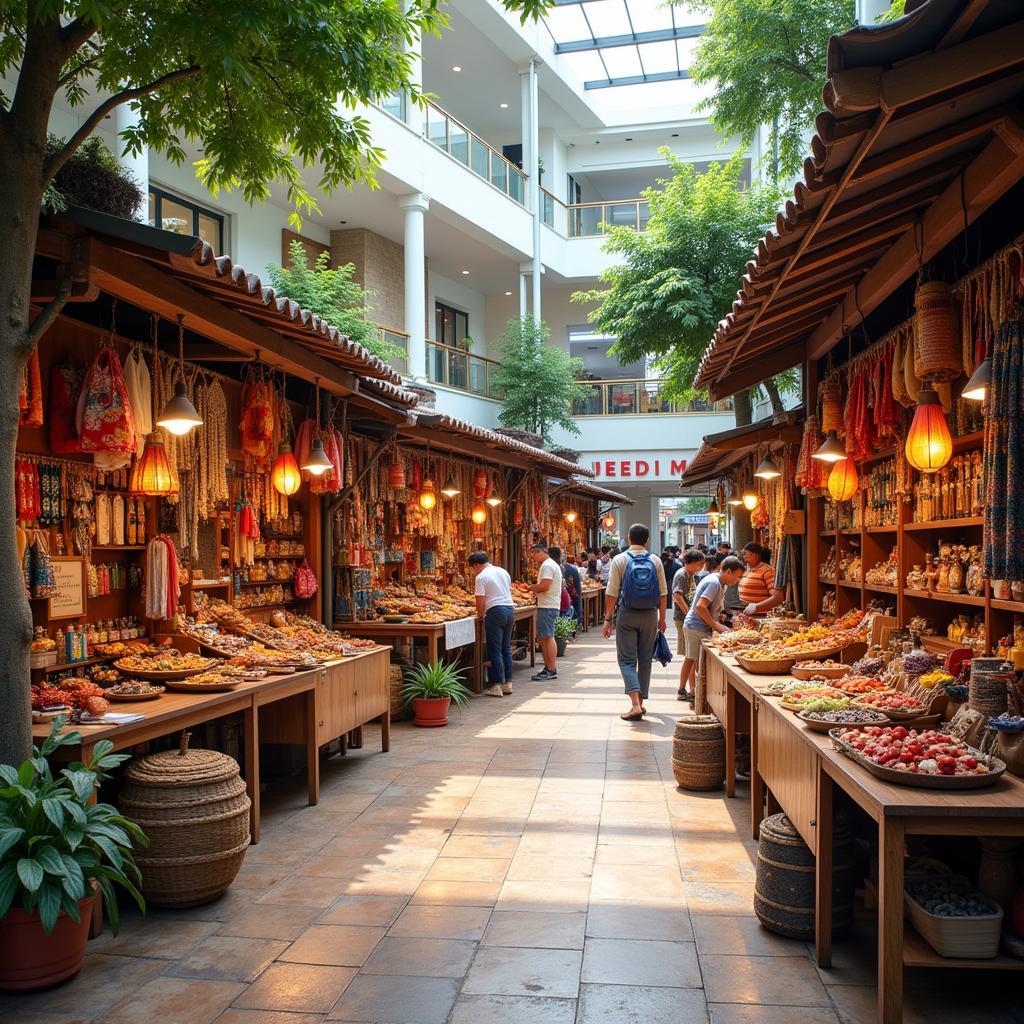 Interior view of the ASEAN Mall's bustling marketplace with various stalls showcasing products from different ASEAN countries.