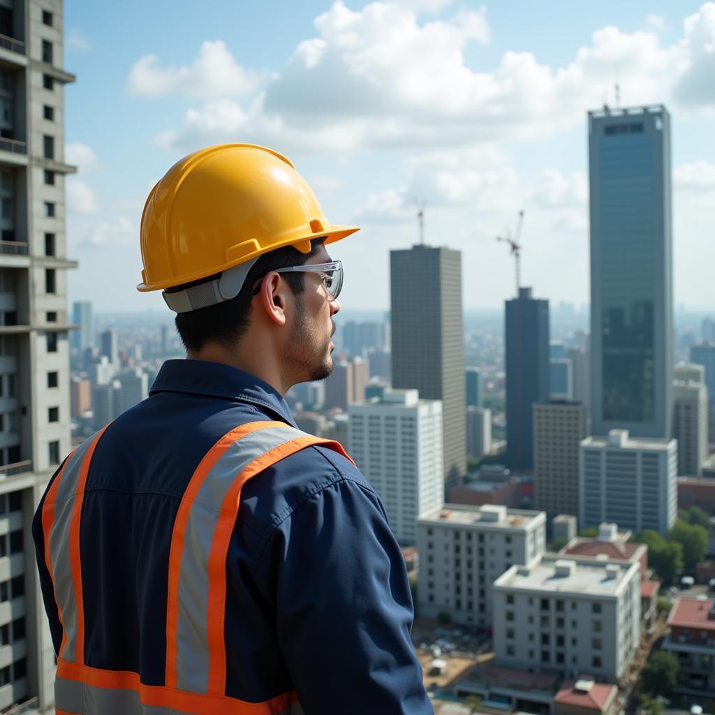 Construction worker wearing ASEAN safety glasses on a building site.