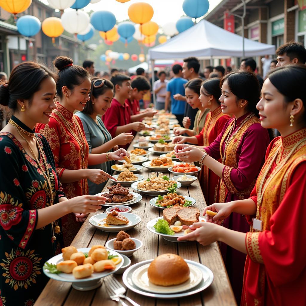 ASEAN Stockport Community celebrating their cultural heritage with traditional dances and food stalls.