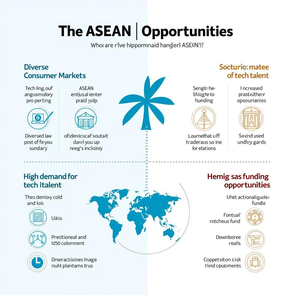 A balanced infographic illustrating the opportunities and challenges present in the ASEAN tech landscape, with visual representations of market diversity, talent demand, infrastructure needs, and funding access.