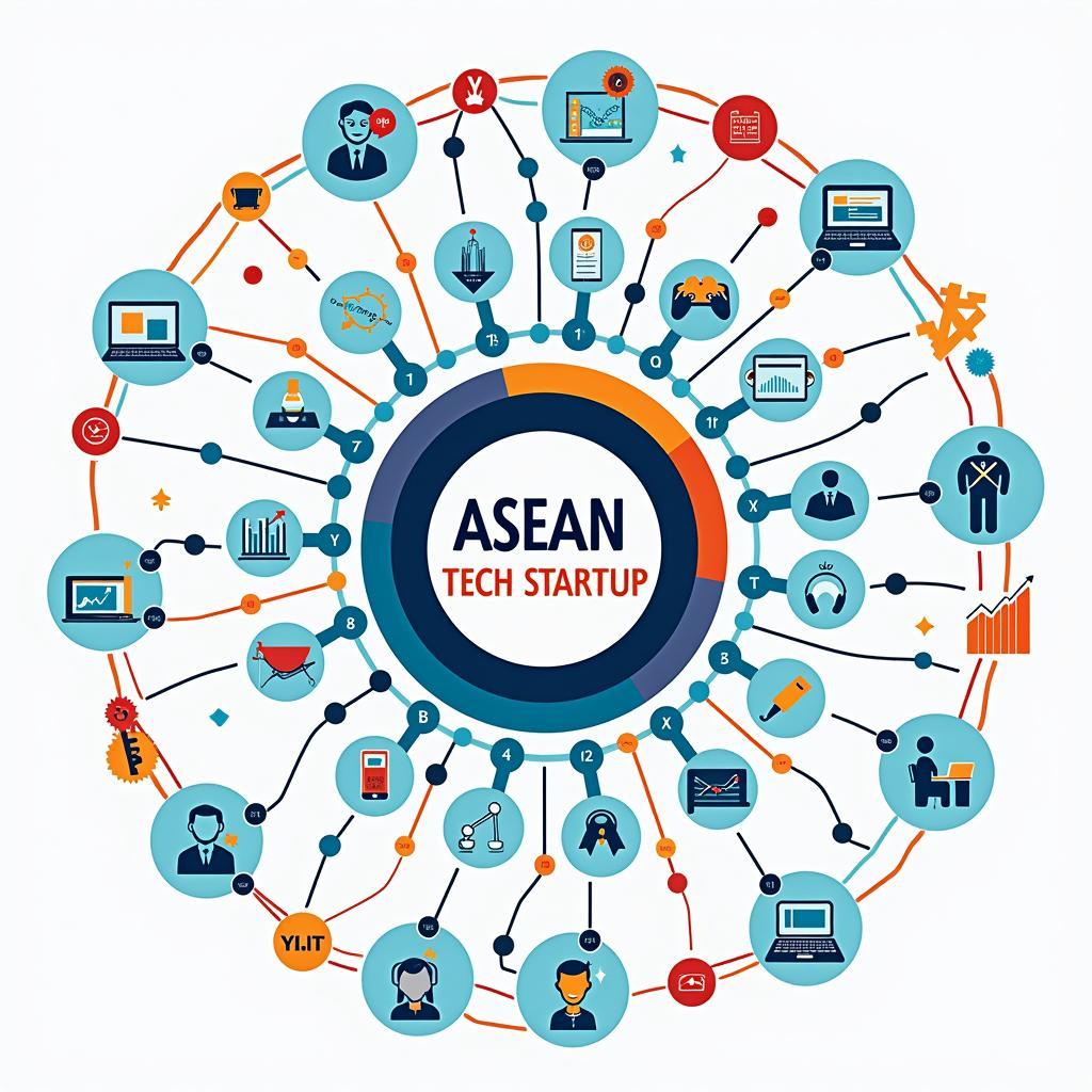 A vibrant illustration depicting the ASEAN tech startup ecosystem, with interconnected icons representing innovation, funding, talent, and growth.