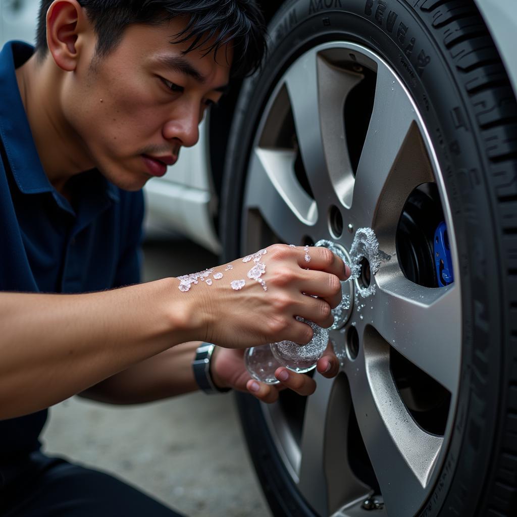 ASEAN technician meticulously checking for a puncture in a tire using soapy water, creating a cluster of bubbles around the damaged area.