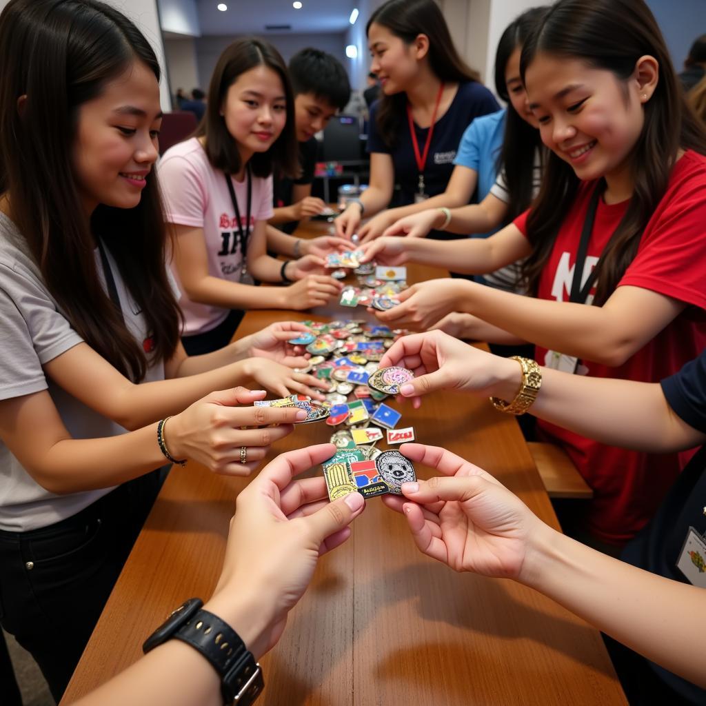 ASEAN Youth Summit attendees trading collectible pins representing their respective countries.