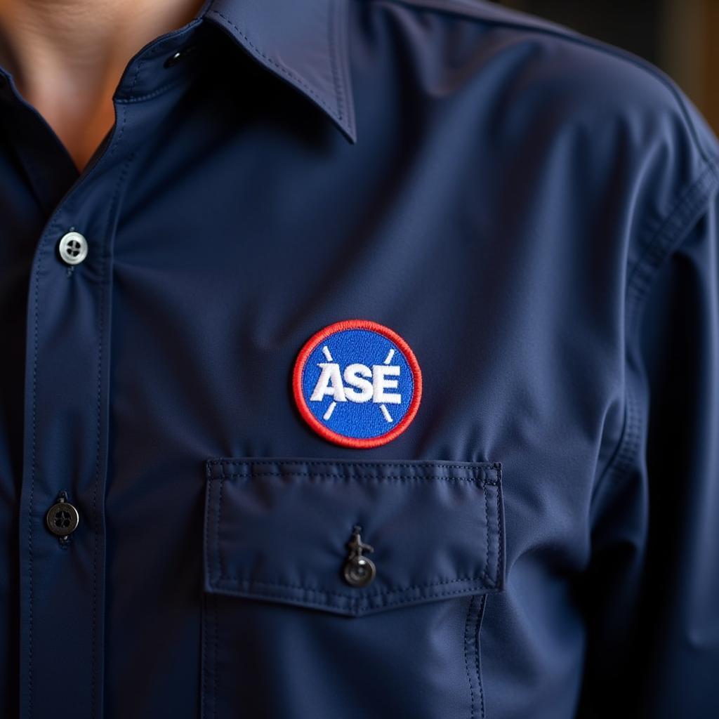 Close-up of ASE Certification Logo on Mechanic Uniform