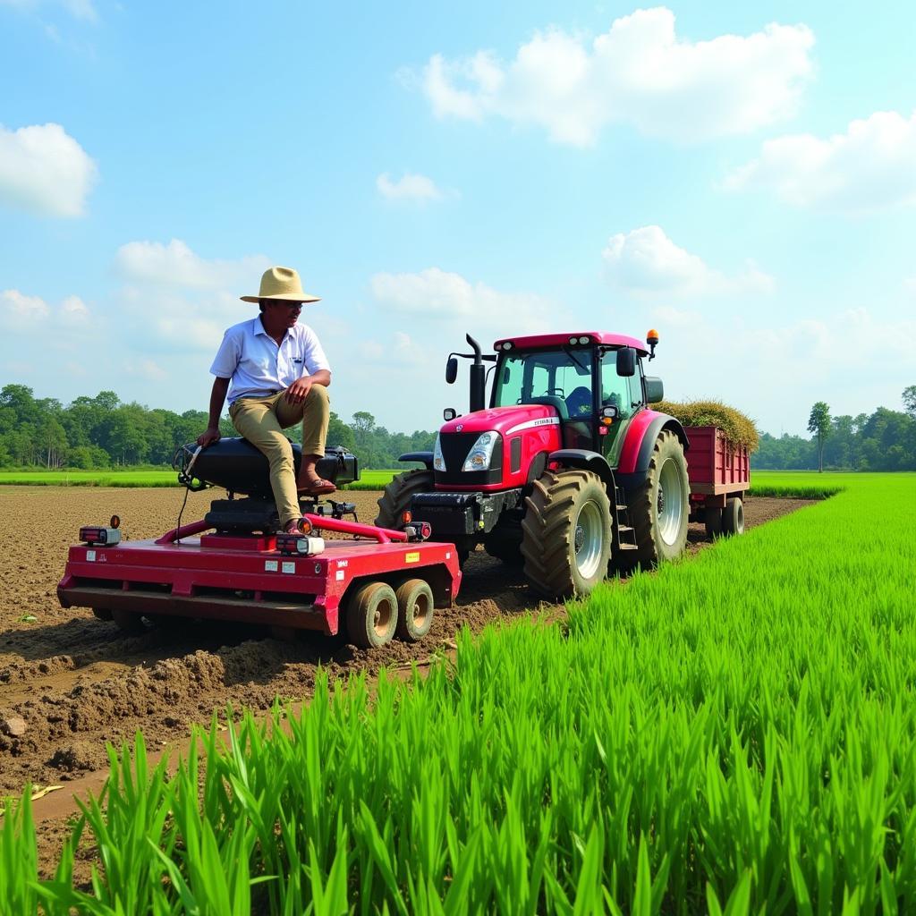 Farmer Using Tractor with IH Top Link Knuckle in Rice Paddy