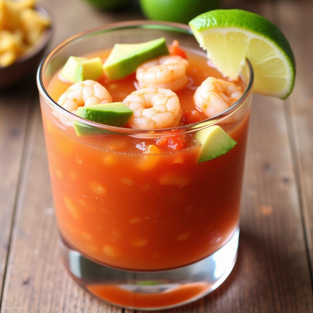 A beautifully garnished Mexican Shrimp Cocktail