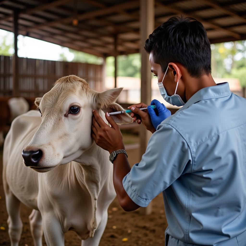 Veterinarian administering FMD vaccine to cattle in Southeast Asia.