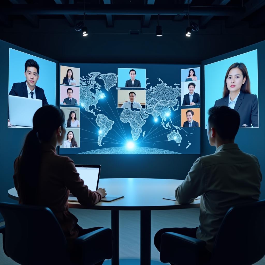 Future of ASEAN Communication: A futuristic visualization of how technology will transform communication within the ASEAN community, featuring holographic displays and virtual meeting spaces.