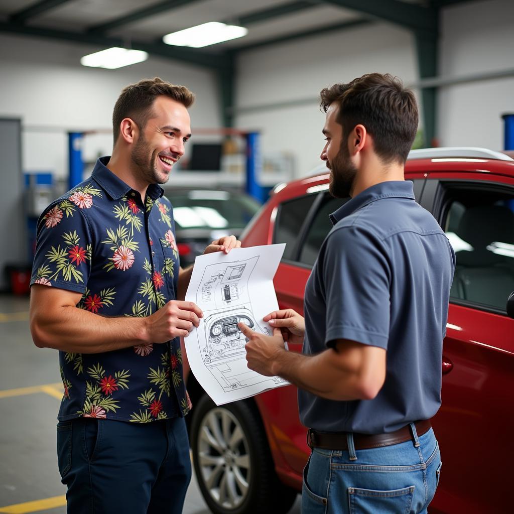 Hawaii Mechanic Explaining Car Repair to Customer