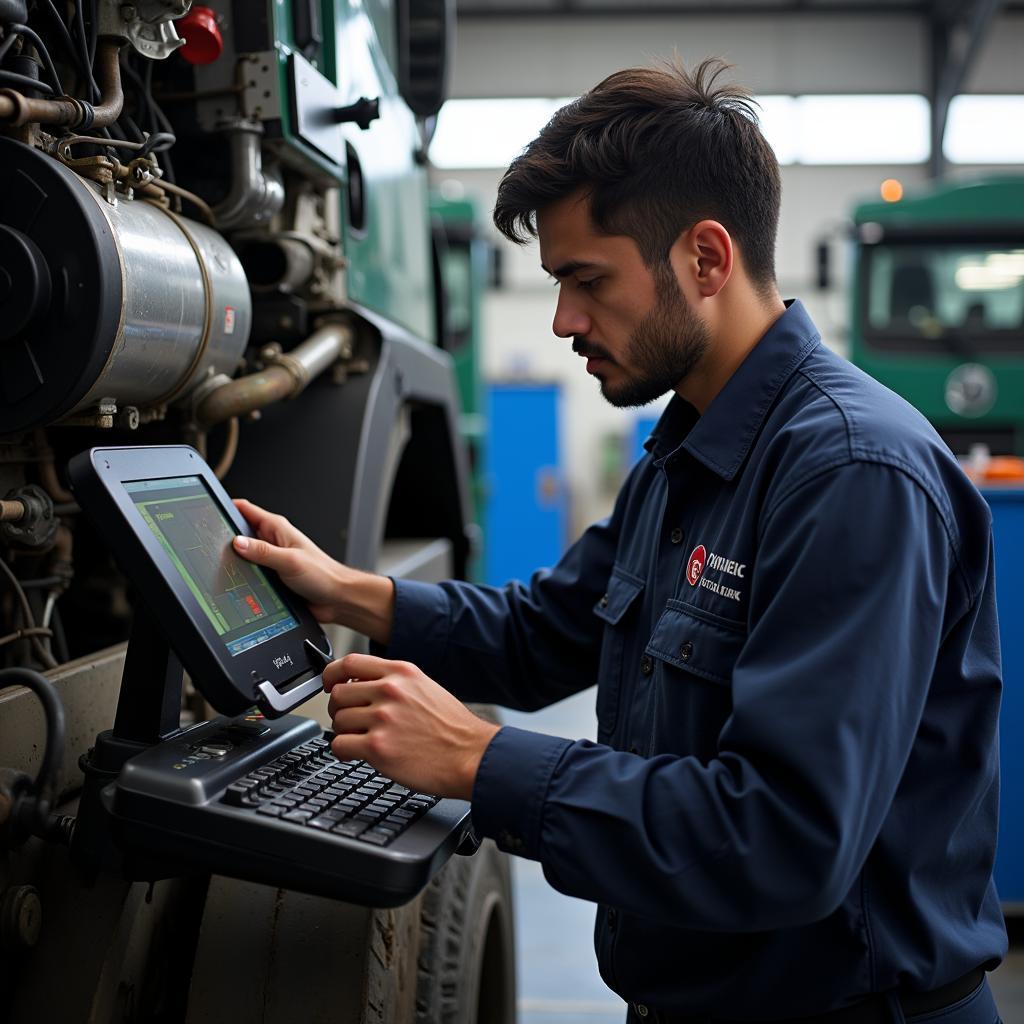 Heavy Vehicle Maintenance in ASEAN: A mechanic using diagnostic tools to inspect a truck engine in a modern workshop, highlighting the importance of skilled labor in the industry.