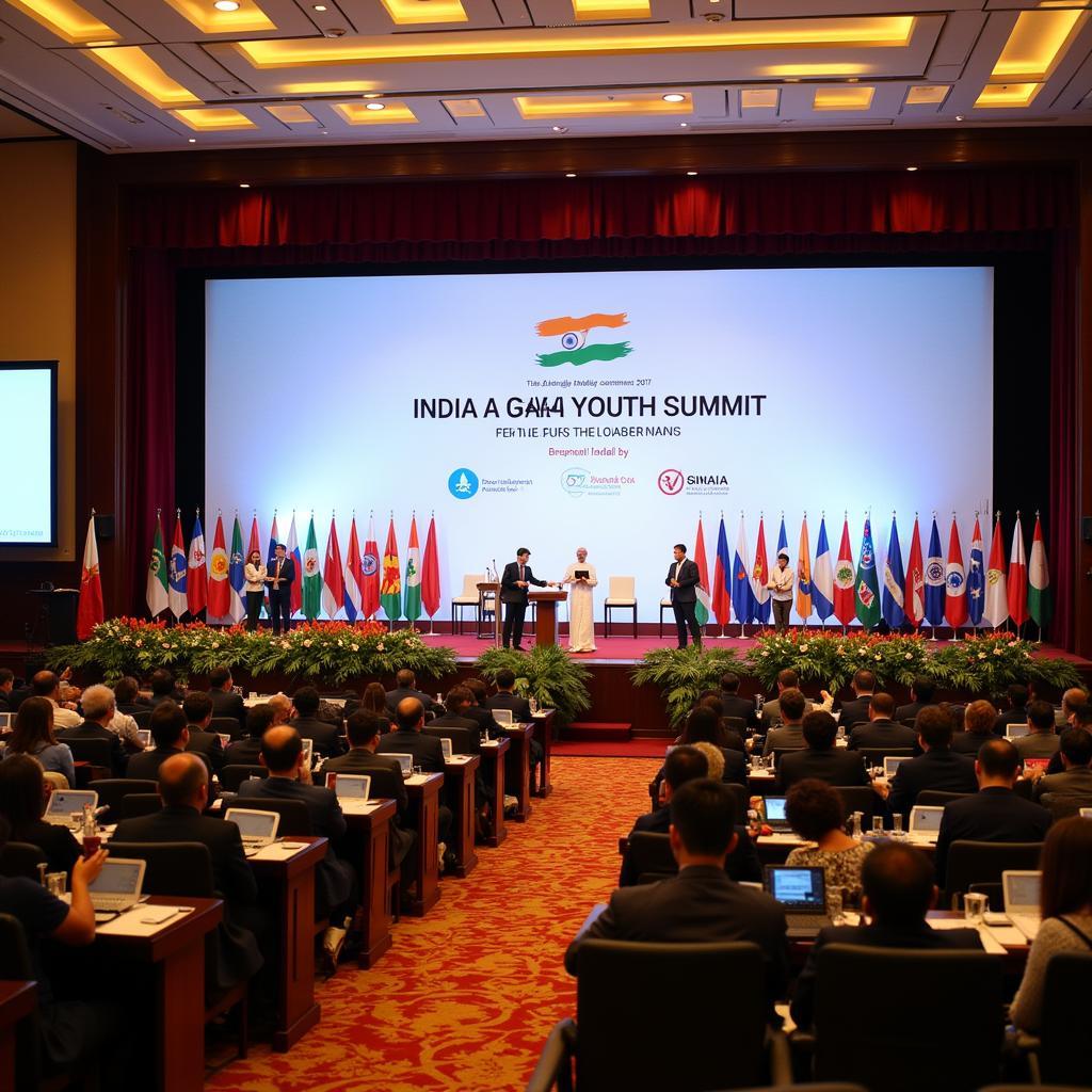 2017 India ASEAN Youth Summit venue in Bhopal, India:  A photograph of the main conference hall during the summit, showcasing the attendees and the stage.