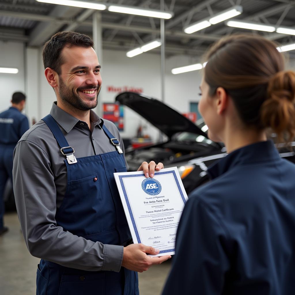 Mechanic Showing ASE Certification to Customer