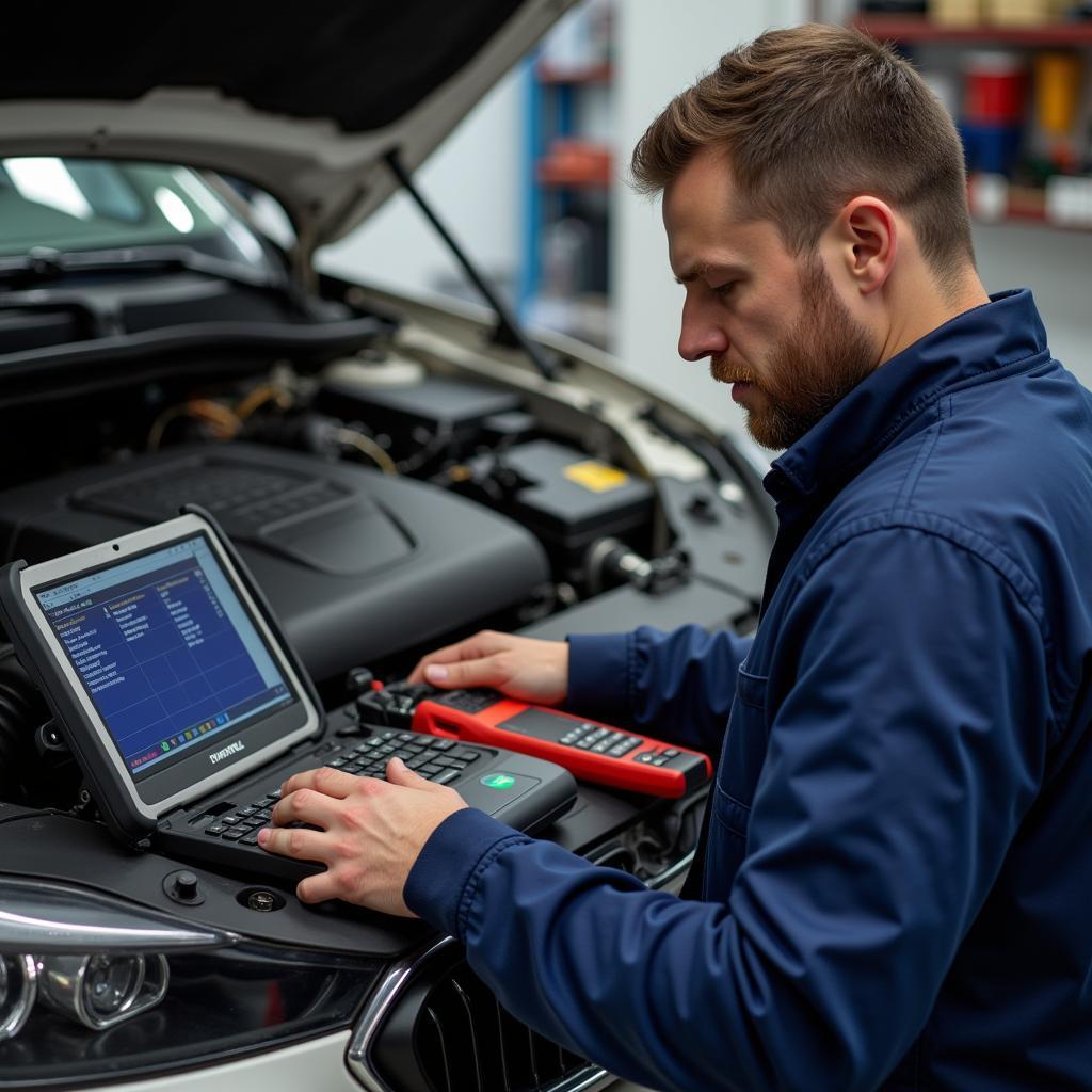 Mechanic Using Diagnostic Tools on a Vehicle