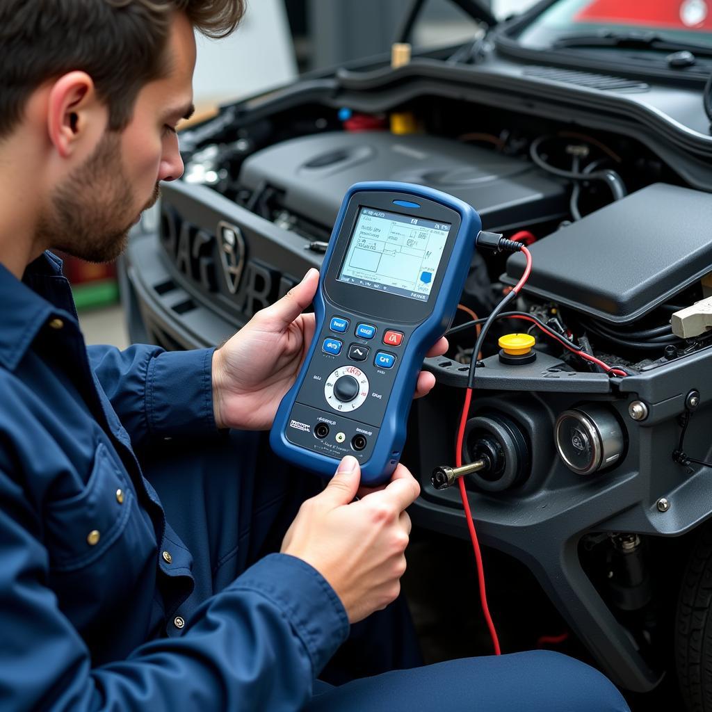 Mechanic Diagnosing a Hybrid Car's Electrical System