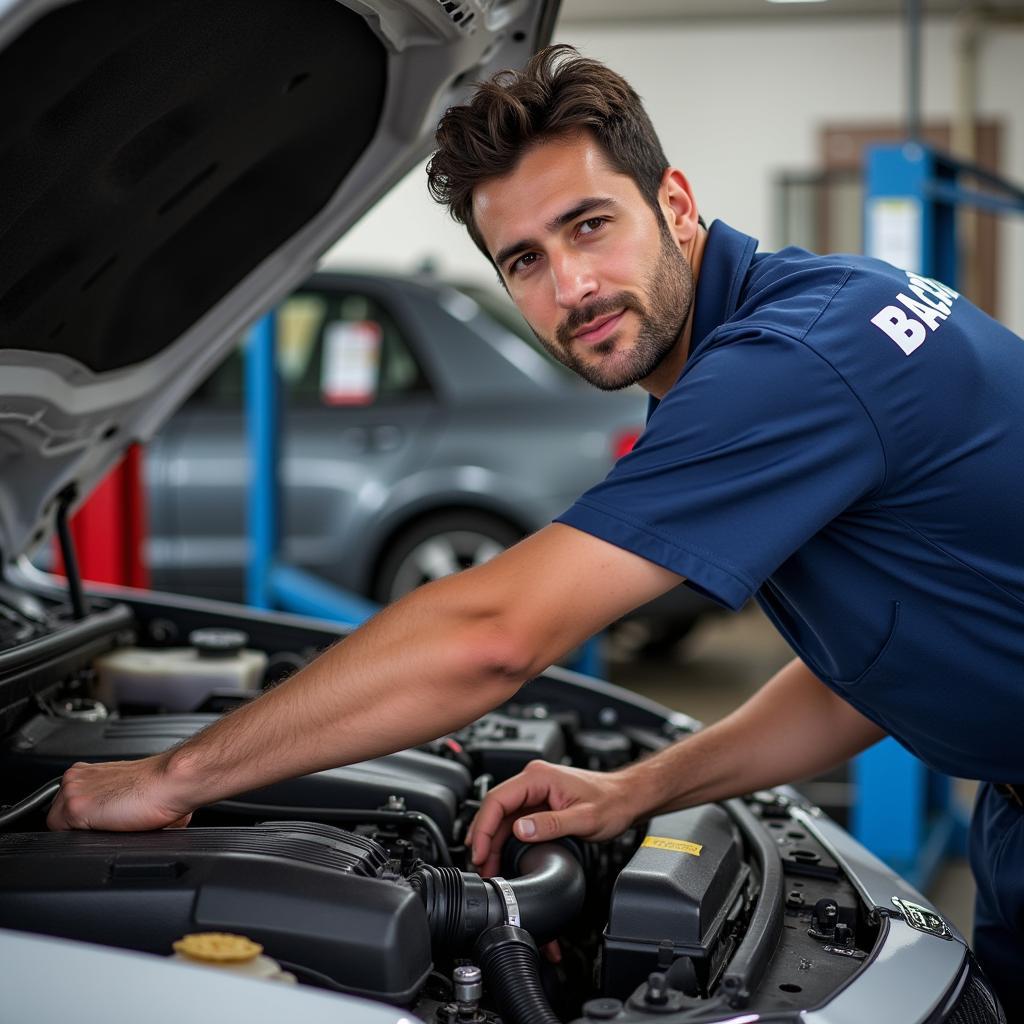 A successful ASE certified technician working in a garage