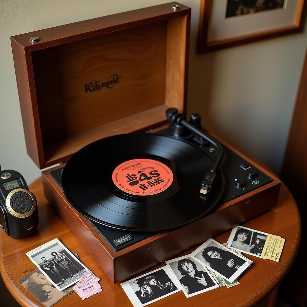 A vintage record player playing a vinyl record of Los 4 Ases, surrounded by memorabilia.