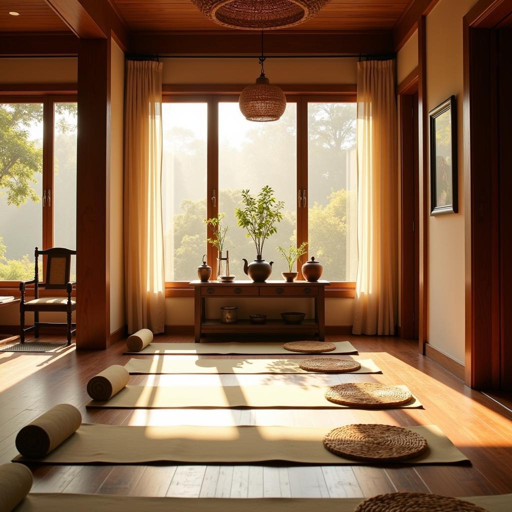 A serene yoga studio and tea room with natural light and traditional decor.